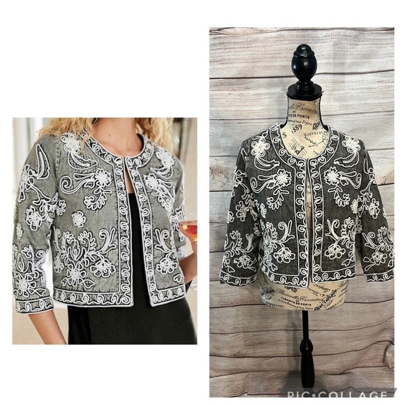 Soft Surroundings Wildwood Bolero Jacket Gray Acid Wash Textured Floral Small - Picture 11 of 11